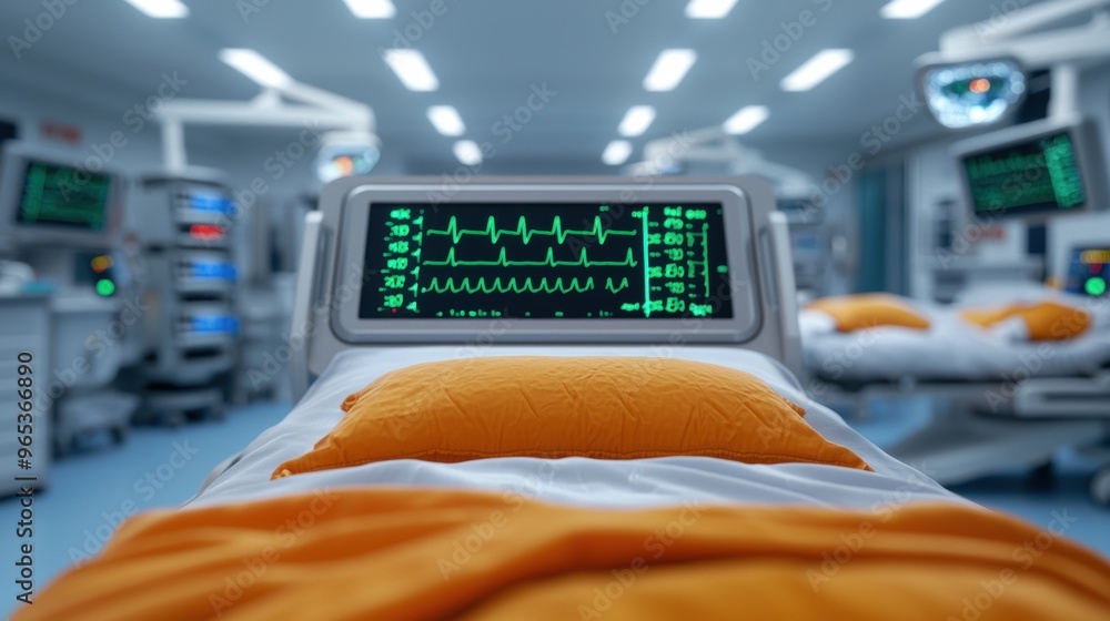 Poster advanced simulation of futuristic hospital with automated medical procedures and glowing holographic