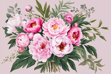 Watercolor Peony Bouquet and Romantic Blooms with Lush Greenery and Floral Illustrations