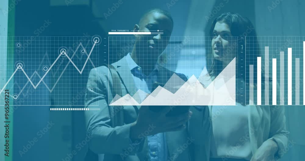 Sticker Animation of financial data processing over diverse colleagues discussing work in office