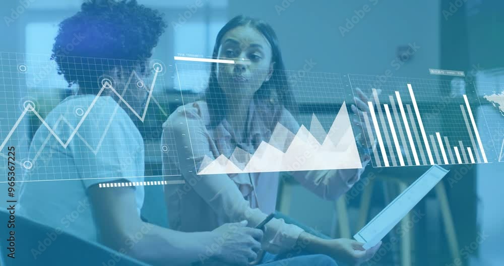 Poster animation of financial data processing over diverse colleagues discussing work in office