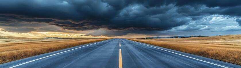 Naklejka premium Endless highway, under stormy skies, dramatic clouds, 3D illustration