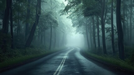 Endless road, misty forest, mysterious atmosphere, 3D illustration