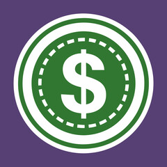 A green coin with a dollar sign on a purple background