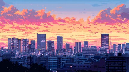 Fototapeta premium Vibrant city skyline at sunset with colorful clouds and modern architecture.