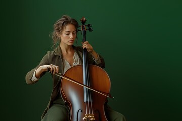 a black woman engrossed in playing the cellos, positioned to the left of the frame against a solid light green background