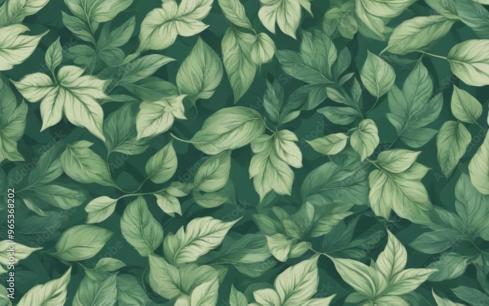 Poster seamless green leaf pattern with depth and dimension on solid li
