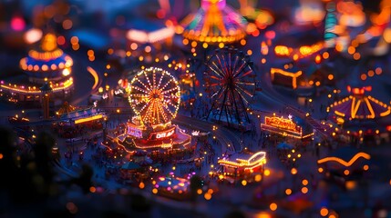 A vibrant carnival scene filled with colorful lights and attractions at night.