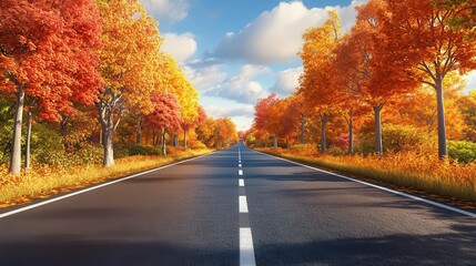 Endless road, vibrant autumn foliage, scenic drive, 3D illustration