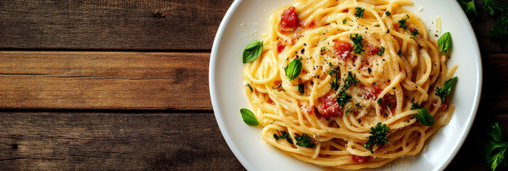 Appetizing plate of spaghetti with sun-dried tomatoes and basil leaves. Top view. National Spaghetti Day. Horizontal banner. Free space for text. Italian food. Healthy food, tasty food