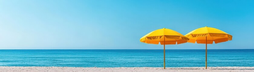 Two yellow beach umbrellas under clear blue sky with calm turquoise sea, representing a serene tropical vacation