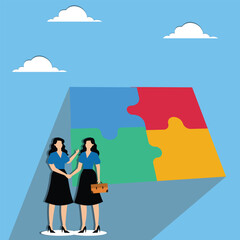 Women shaking hands near folded puzzles