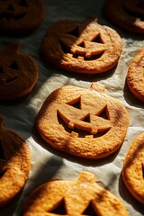 Freshly Baked Gingerbread Pumpkin-Shaped Cookies with Orange Topping, Perfect for Halloween Party or Autumnal Dessert Generative AI