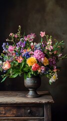 Vibrant Spring Bouquet in Antique Urn on Rustic Table