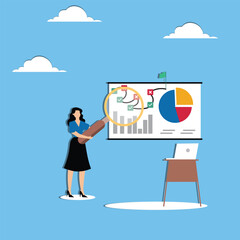 Woman with magnifier near board with workflow