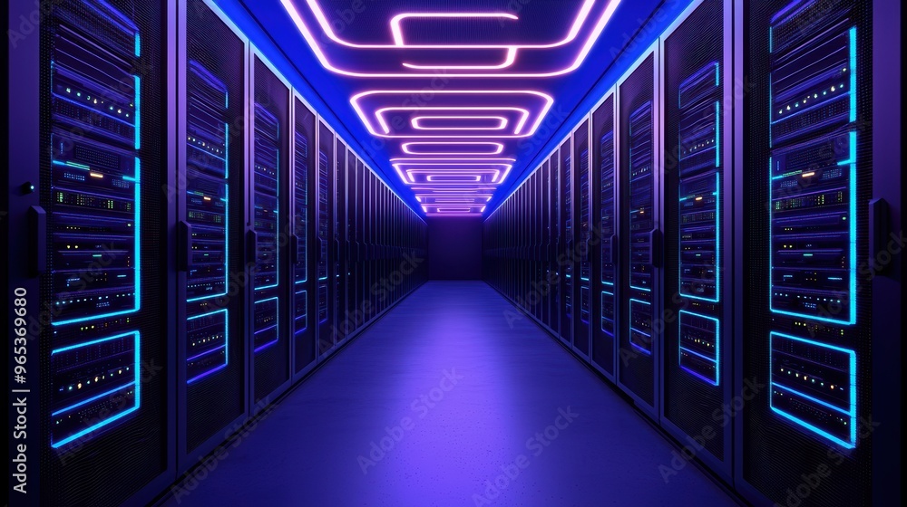 Aufkleber futuristic model of advanced servers in glowing data center with dark background in
