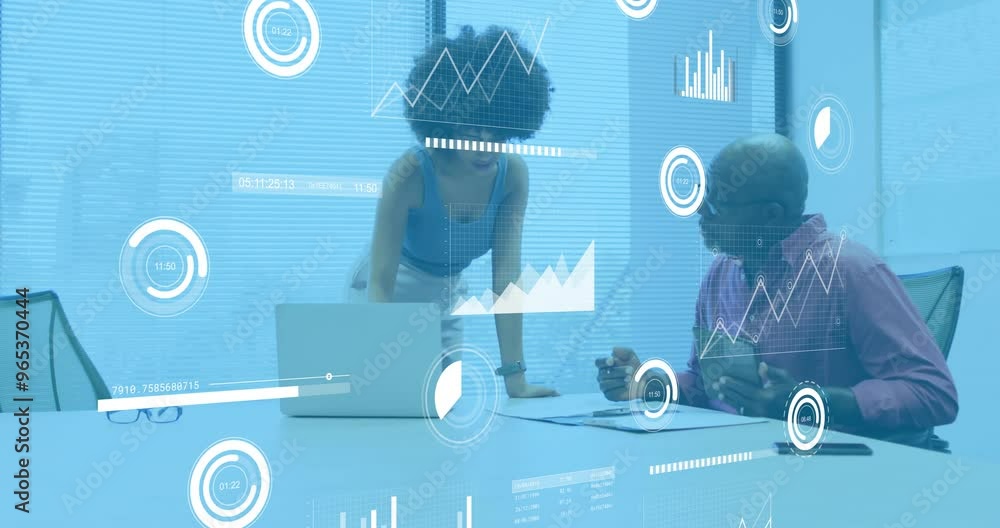Aufkleber animation of financial data processing over diverse colleagues discussing work in office