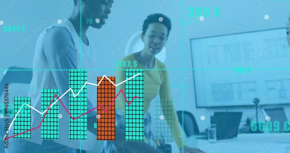 Aufkleber animation of financial data processing over diverse colleagues discussing work in office