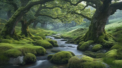 Fototapeta premium Green moss covering ancient trees and rocks with a stream gently flowing through Mossy forest