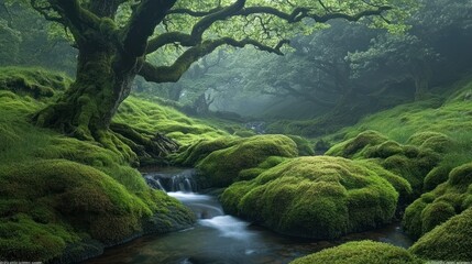 Green moss covering ancient trees and rocks with a stream gently flowing through Mossy forest