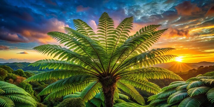 A gigantic cycad unfurls its vibrant green fronds, creating a lush canopy against a breathtaking sunrise sky, painted with warm hues.