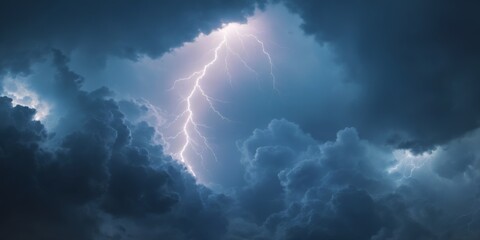 Dramatic stormy sky with lightning bolts striking down, creating