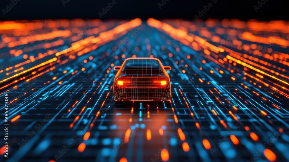 Poster futuristic ai-driven transportation system in glowing urban grid -