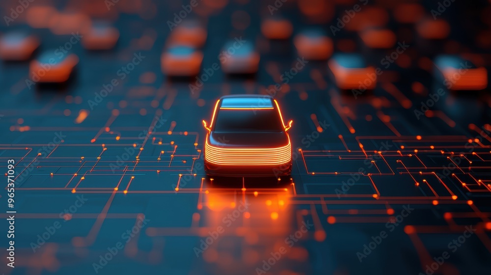 Poster futuristic ai-driven transportation network with autonomous vehicles in glowing city grid -