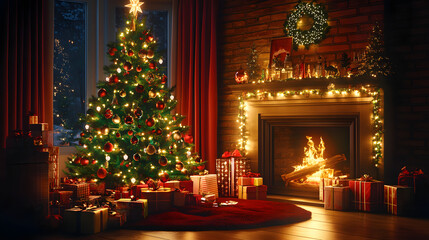 interior christmas. magic glowing tree, fireplace, gifts in dark