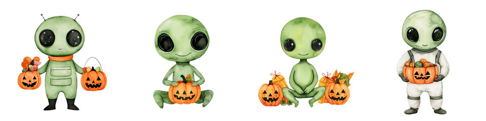 Obraz premium Playful alien characters with pumpkin baskets, perfect for Halloween-themed designs and festive decorations.