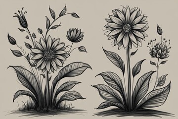 Whimsical Floral Fantasy Charcoal Sketch Art Illustration