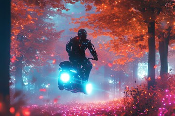 A person with bionic arms riding a futuristic hover bike through a glowing autumn forest with contrasting autumn hues and a cyberpunk sky