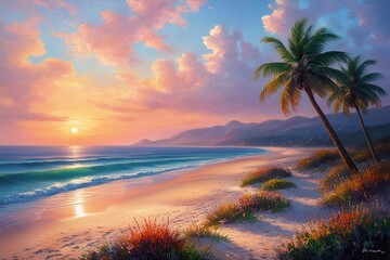 Serene Ocean Sunset Landscape Wallpaper in Oil Painting Style