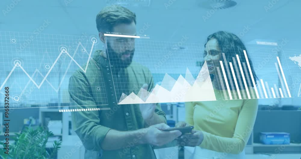 Poster animation of financial data processing over diverse colleagues discussing work in office