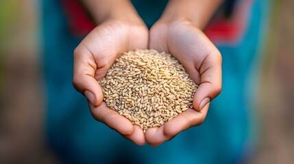 Hands Holding Freshly Harvested Thai Rice Grains Symbolizing Tradition and Culture