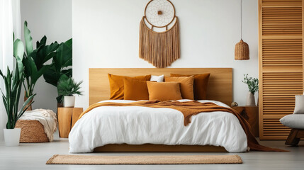 Modern bedroom with wooden furniture, a neatly made bed with white and orange bedding, potted green plants, a dreamcatcher on the wall, and natural light.