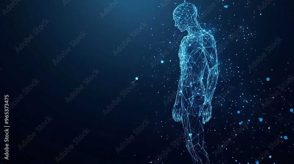Poster abstract vector image of a human brine . low poly wire frame blue illustration on dark background. l