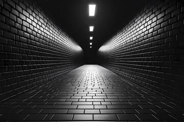 A dark, eerie corridor with glossy black walls and bright lights at the end.