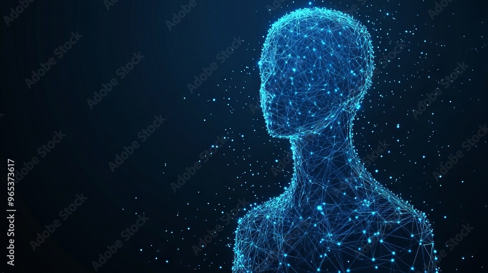 Poster abstract vector image of a human brine . low poly wire frame blue illustration on dark background. l