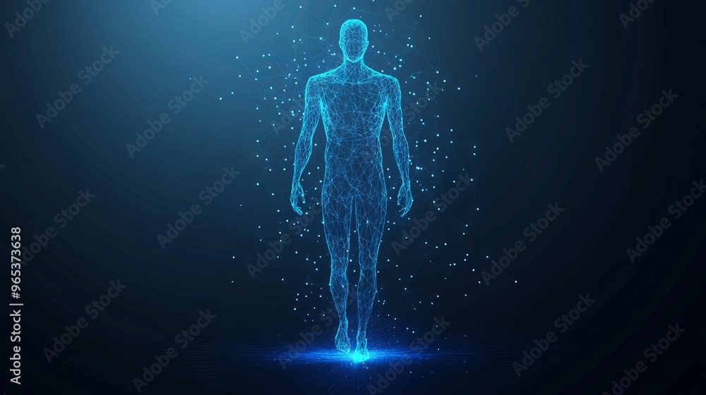 Aufkleber abstract vector image of a human brine . low poly wire frame blue illustration on dark background. l