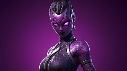 Mysterious purple character with glowing eyes in a dark, purple-lit environment