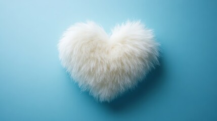 White fluffy heart pillow on blue background, soft texture. Cozy decor and love concept
