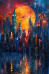 Fototapeta premium Cityscape Reflection with Orange Sun