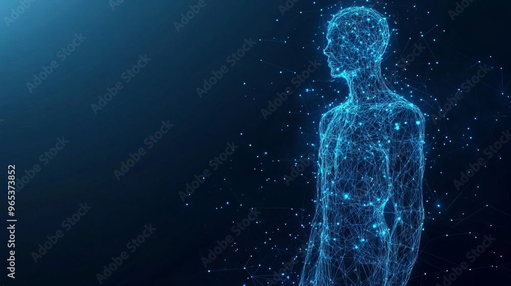 Poster abstract vector image of a human brine . low poly wire frame blue illustration on dark background. l