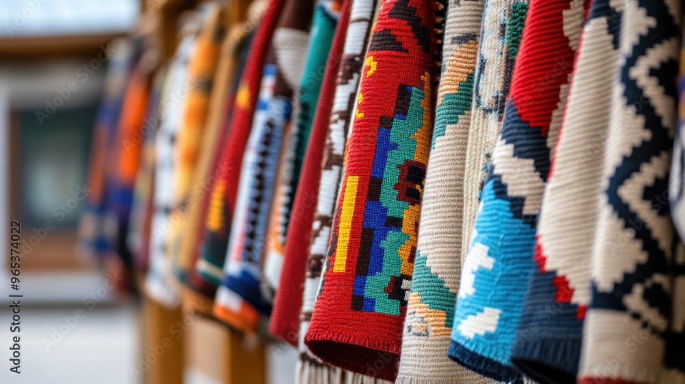 Poster a row of colorful blankets hanging on a rack in front of the window, ai