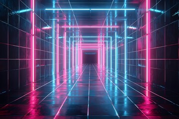 Futuristic hallway with glowing neon lights in blue and pink hues.