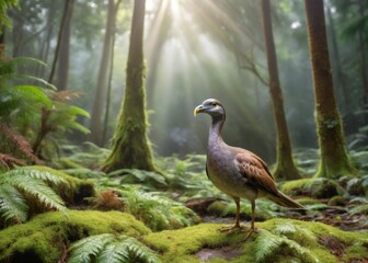 Obraz premium Peacock in Lush Green Forest Surrounded by Tall Trees and Ferns,