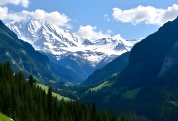 Fototapeta premium Green valley surrounded by towering, snow-capped mountains under a clear blue sky.