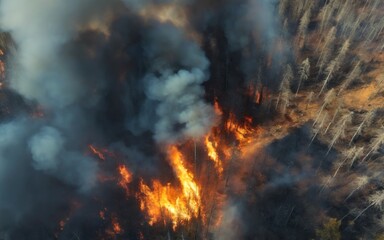 Aerial View of Rapidly Spreading Fire with Thick Black Smoke and