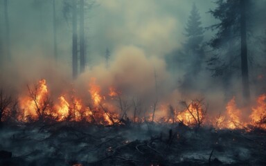 Dense forest ablaze with flames reaching the sky, billowing smok