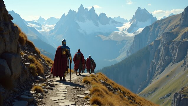 Valiant knight guiding peasants on mountain path under clear blue sky